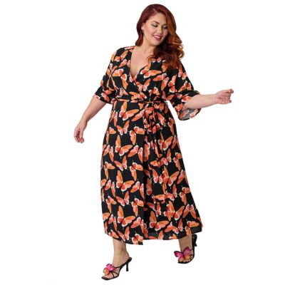 Plus Size Tie Wrap Surplice Midi Women's Dress