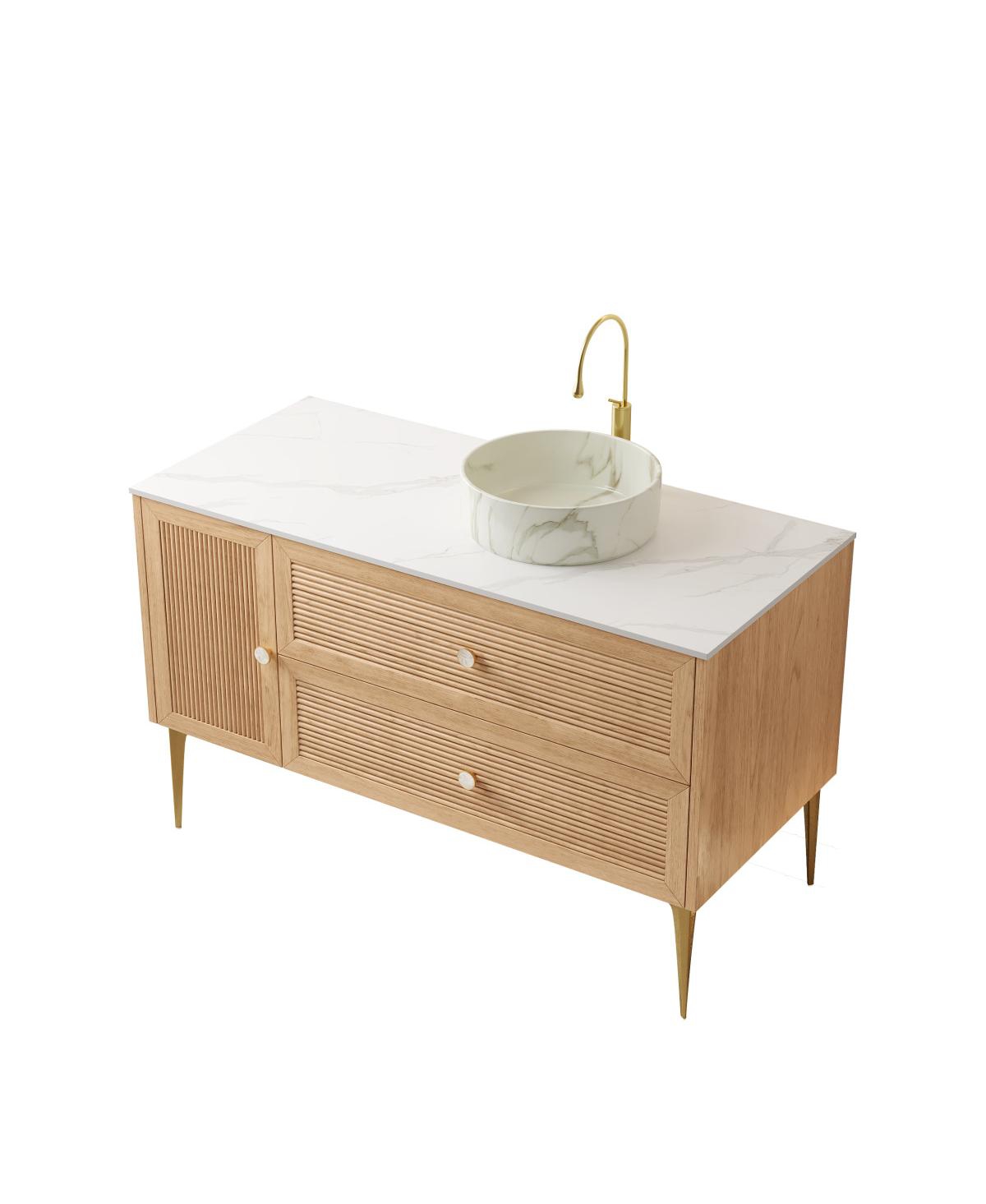 Sillysis Modern Bathroom Vanity with Round Ceramic Basin, Carrara Sintered Stone Countertop, 2 Drawers and 1 Door