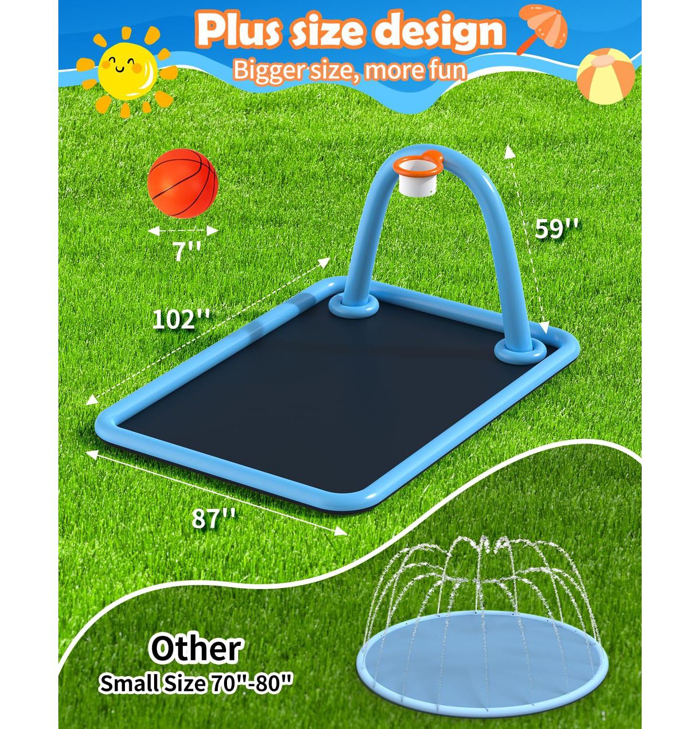 Детская игрушка GNUADZ Splash Pad with Basketball Hoop 102"L Non-Slip PVC 3-in-1 Water Play, Ages 4+ — фото 3