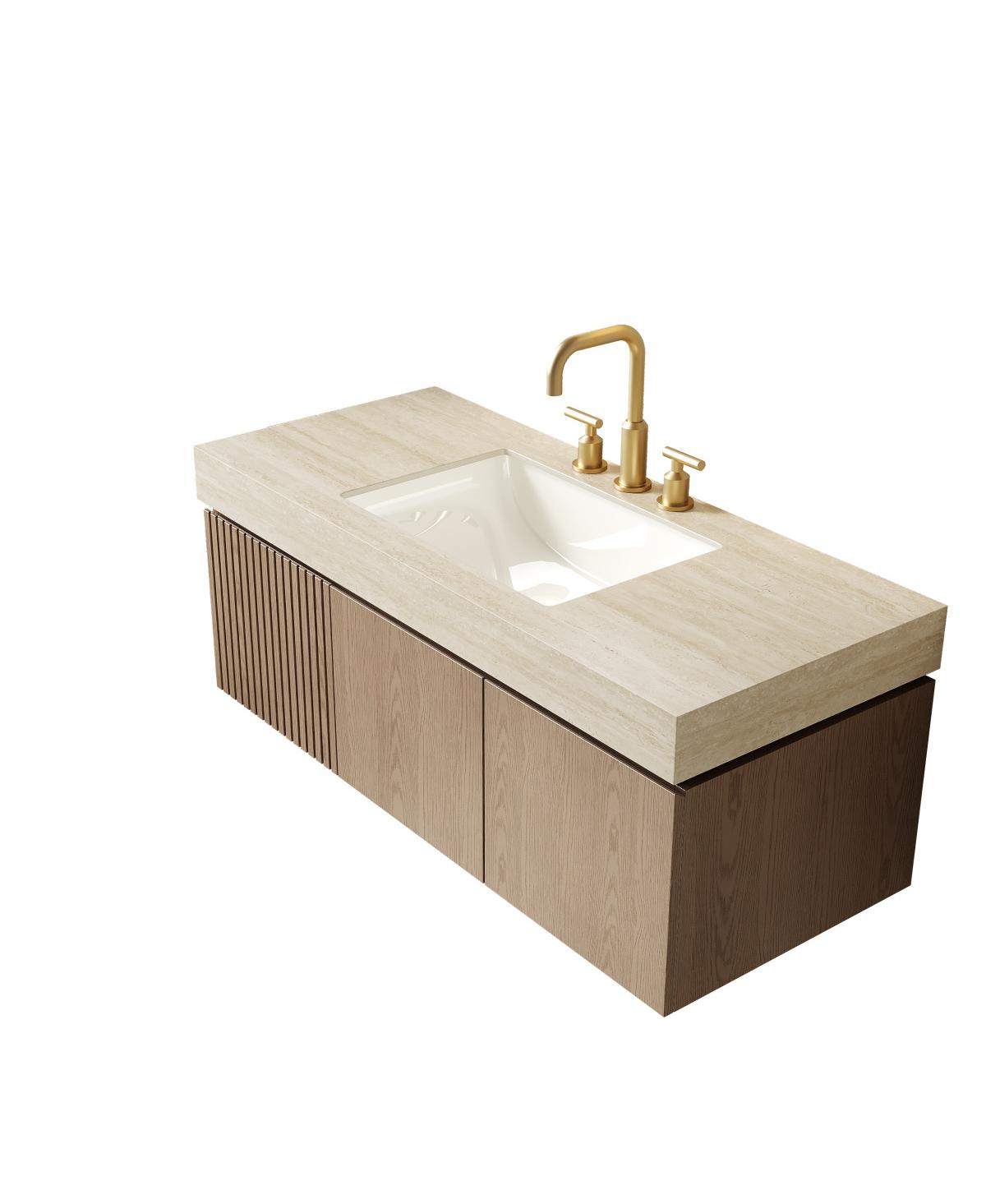 Sillysis Wall Mounted Bathroom Vanity, Travertine Pattern Sintered Stone Top, 3-Hole Ceramic Sink, Soft Close Cabinet