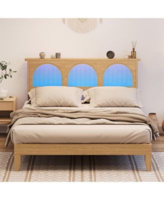 Platform Bed with Rattan Headboard and Adjustable RGB LED, Wood Slat Support, Noise-Reducing Design, No Box Spring Needed