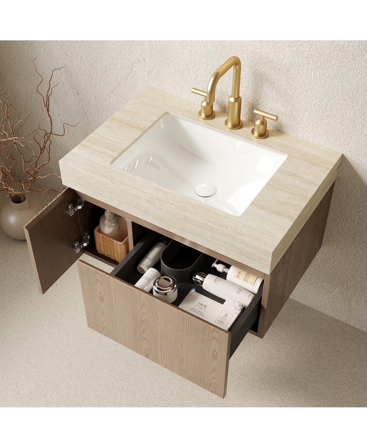 Sillysis Wall Mounted Bathroom Vanity, Travertine Pattern Sintered Stone Top, 3-Hole Ceramic Sink, Soft Close Cabinet
