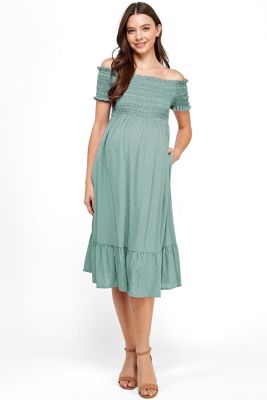 Maternity Off-the-Shoulder Smocked Swiss Dot Midi Dress with Pockets
