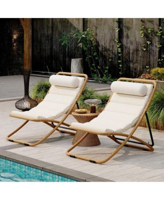 2-Piece Folding Rattan Lounge Chair Set, Adjustable Reclining Outdoor Chair with Cushion-Asagikoiai