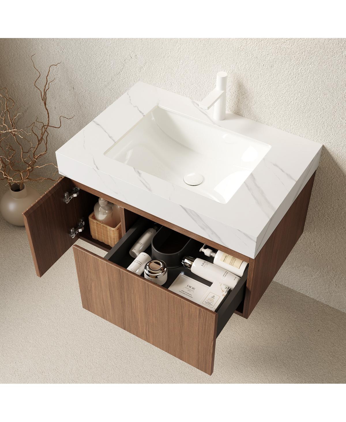 Sillysis Wall Mounted Bathroom Vanity, Carrara Sintered Stone Top, Undermount Ceramic Sink, Soft Close Door