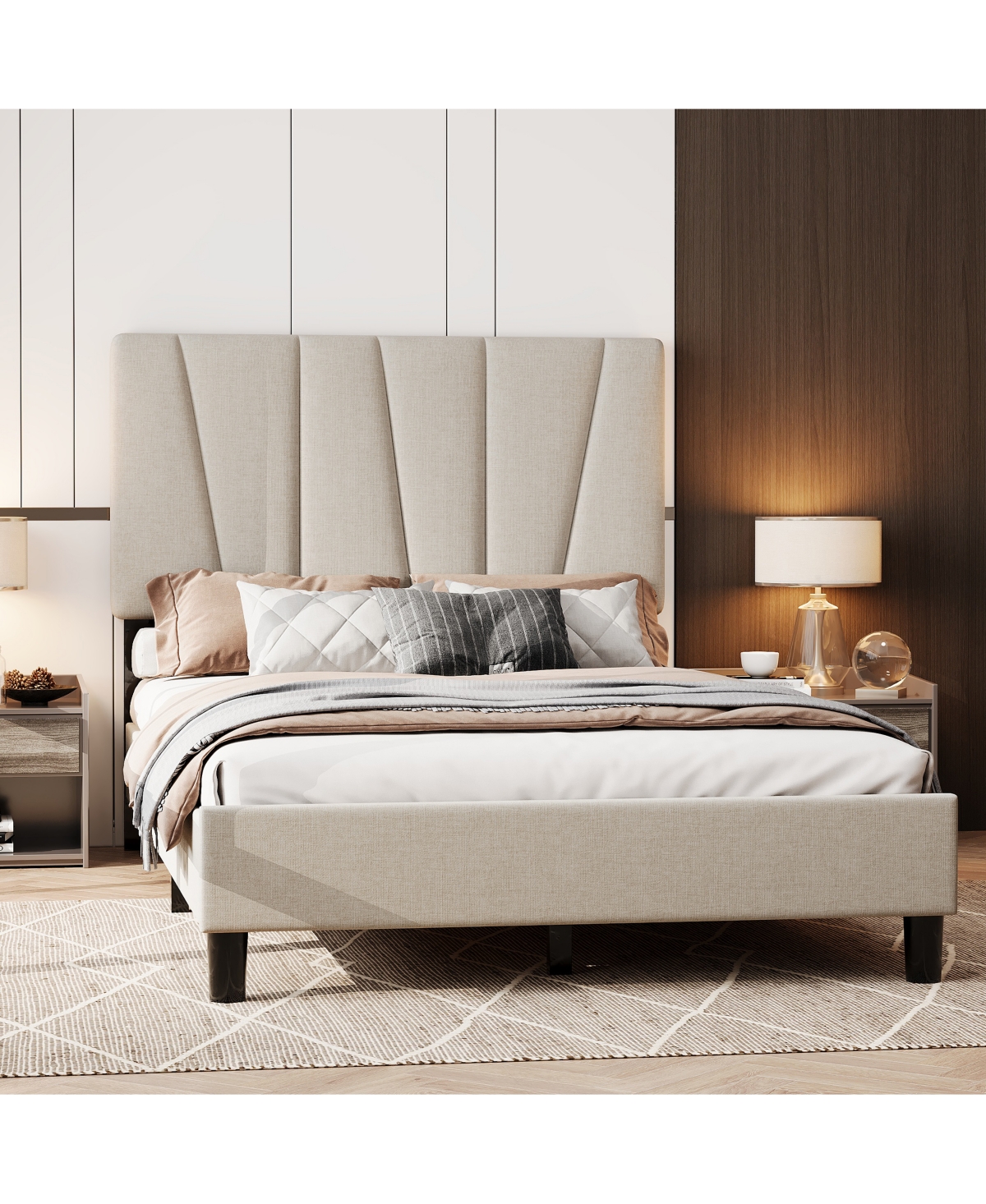 homfan Upholstered Platform Bed Frame with 3-Height Adjustable Headboard, Slat Support, No Box Spring Needed