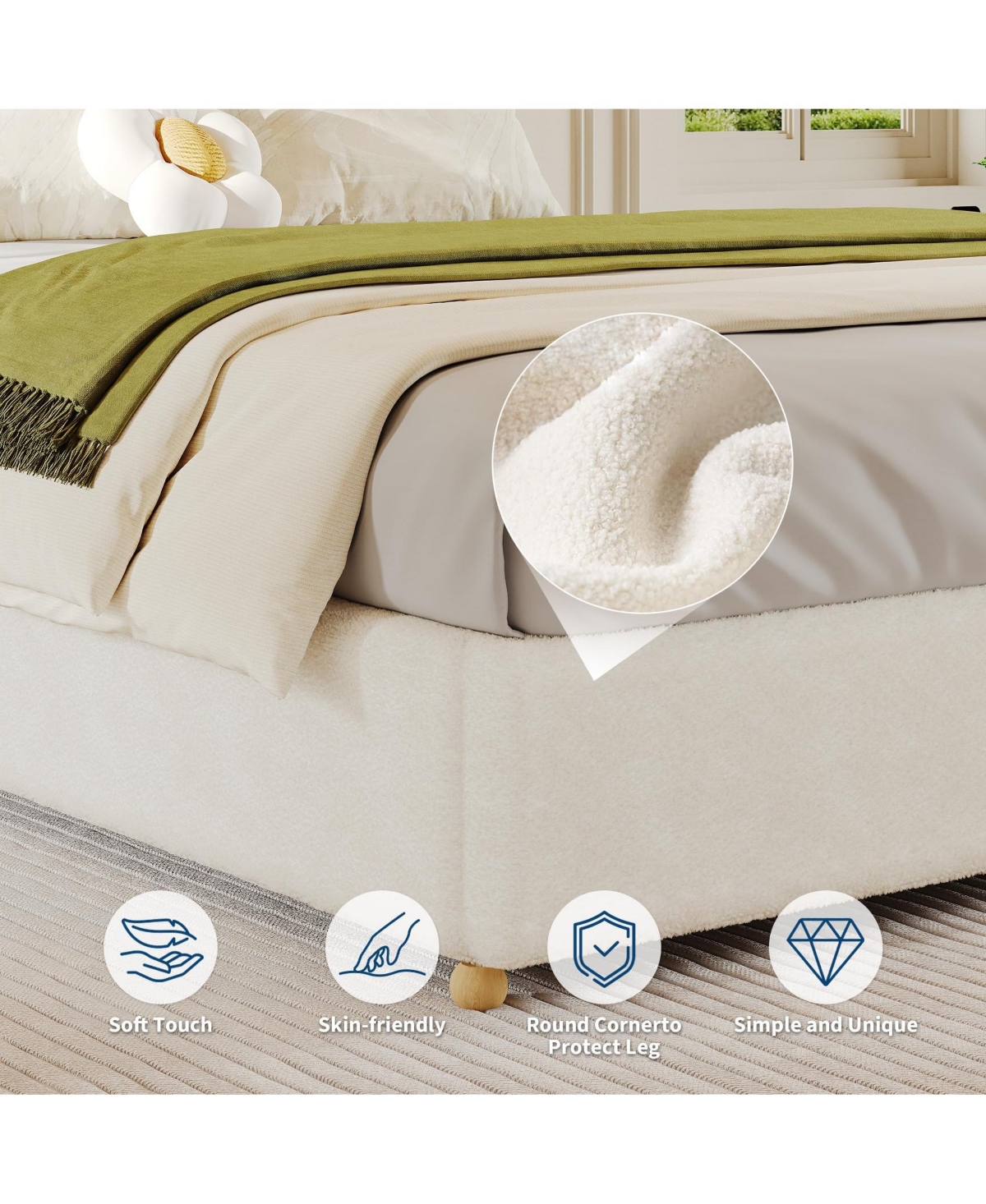 homfan Upholstered Low Platform Bed Frame with Round Wood Legs, No Headboard, Slat Support