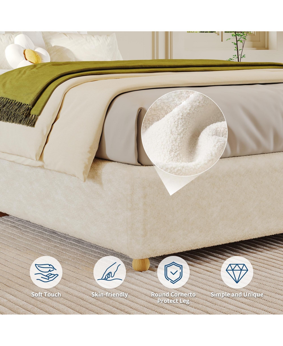 homfan Upholstered Low Platform Bed Frame with Round Wood Legs, No Headboard, Slat Support