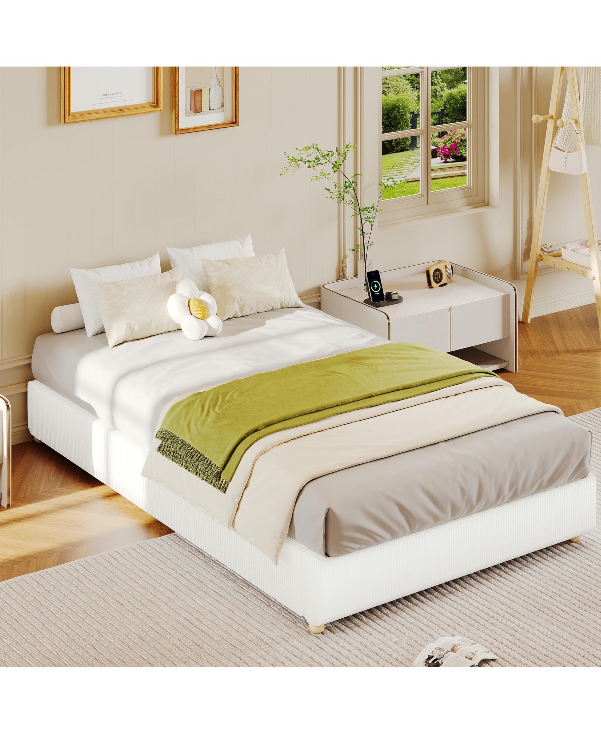 homfan Upholstered Low Platform Bed Frame with Round Wood Legs, No Headboard, Slat Support