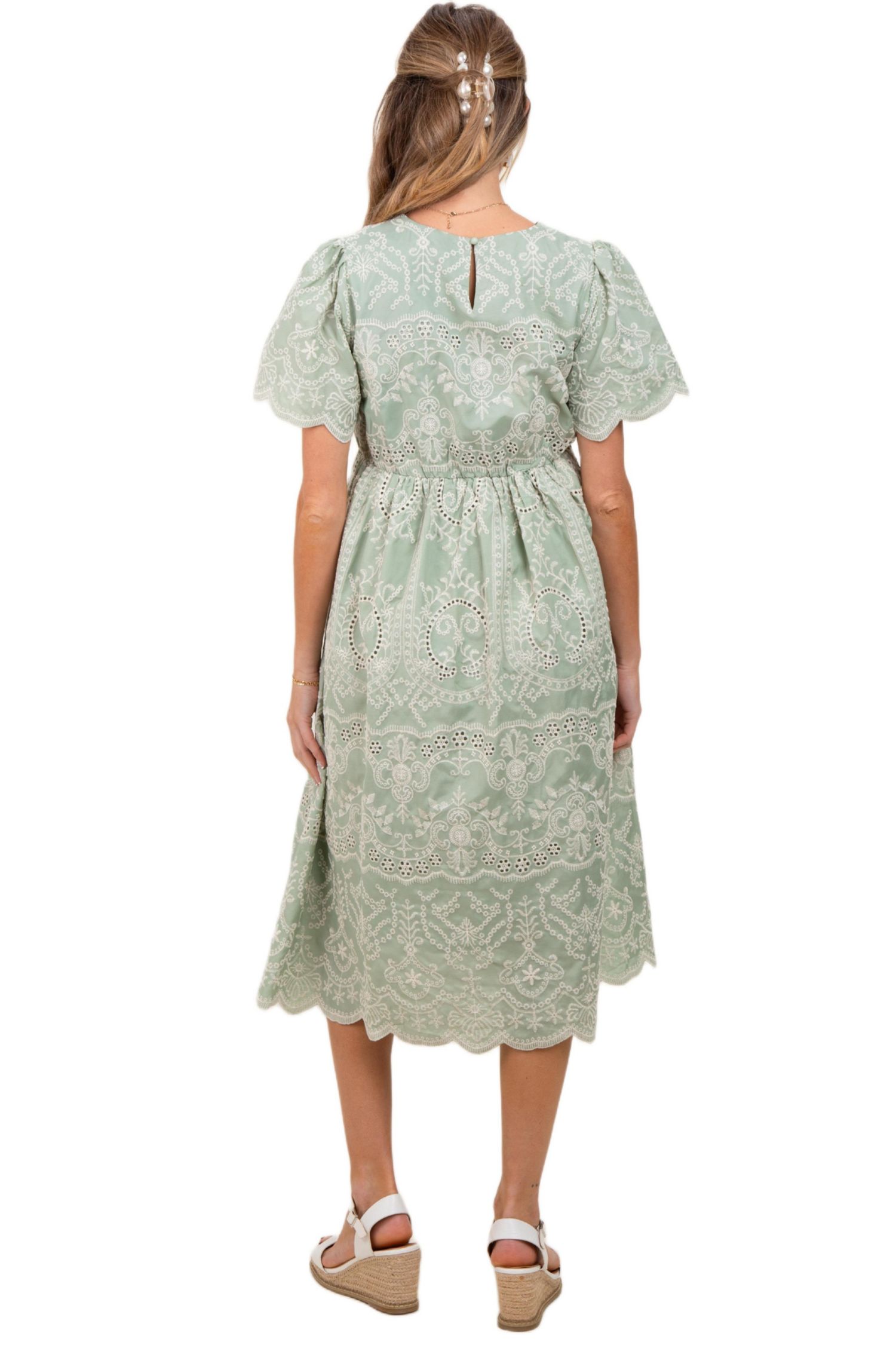 Women's Light Olive Floral Embroidered Tied Waist Midi Dress