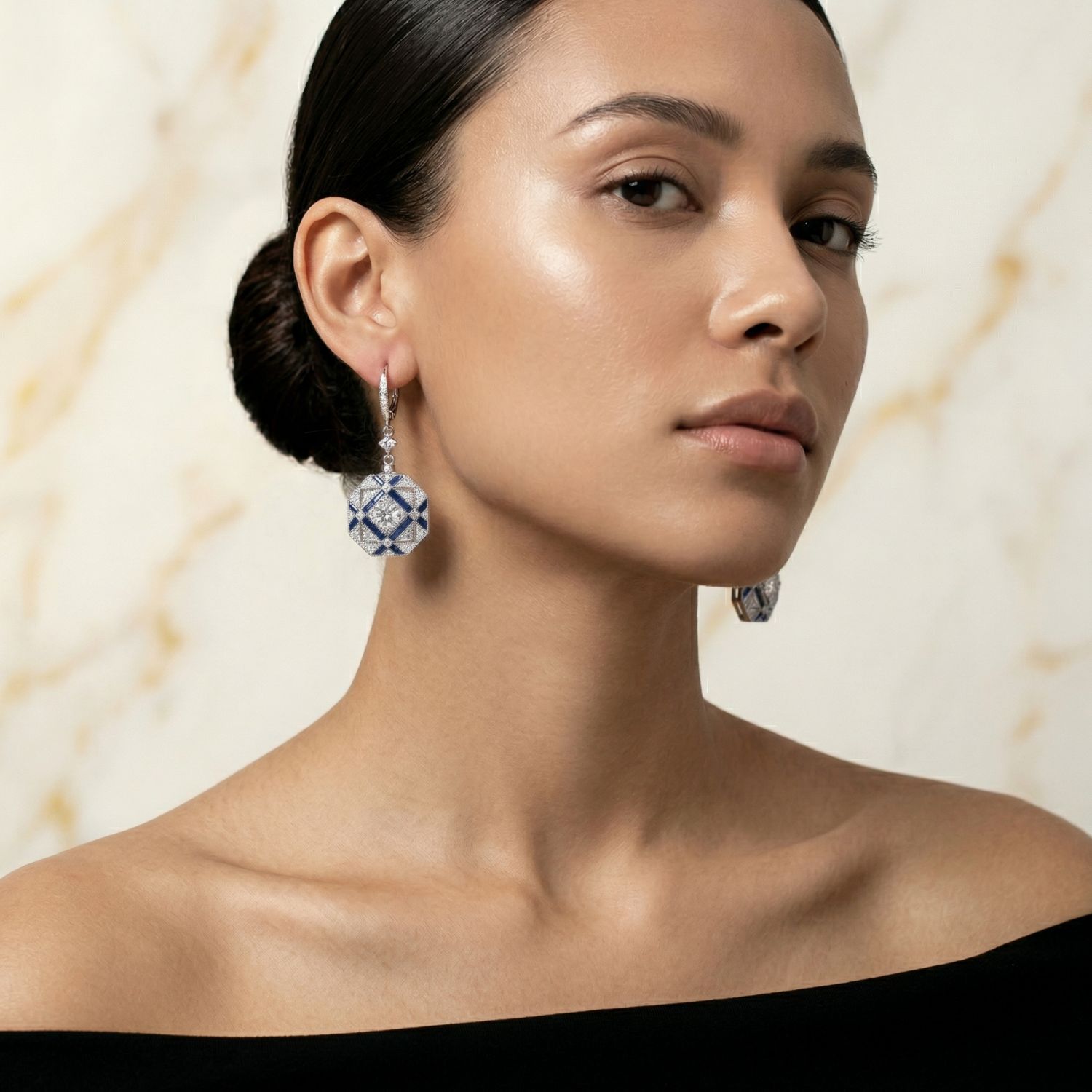 White Gold Plated Geometric CZ Statement Drop Earrings