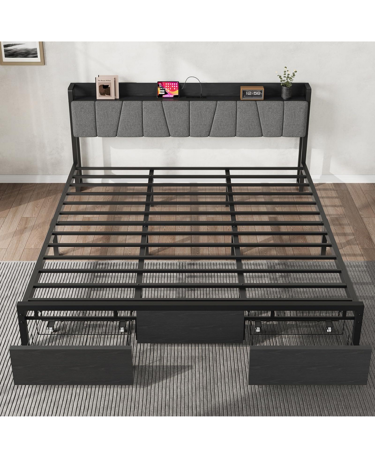homfan Bed Frame with Storage Headboard, Platform Bed with Large Drawer and Charging Station
