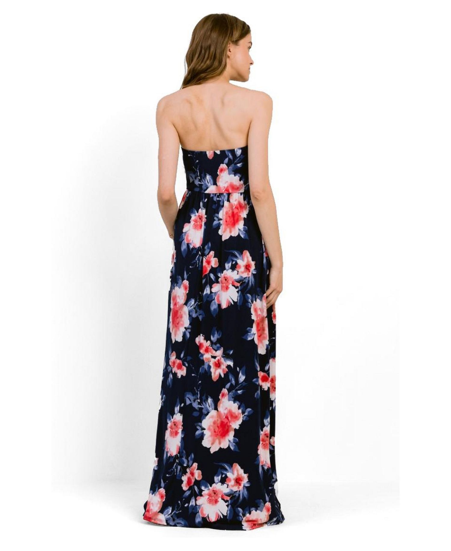 Women's Strapless Empire Waist Floral Maxi Dress with Side Pockets
