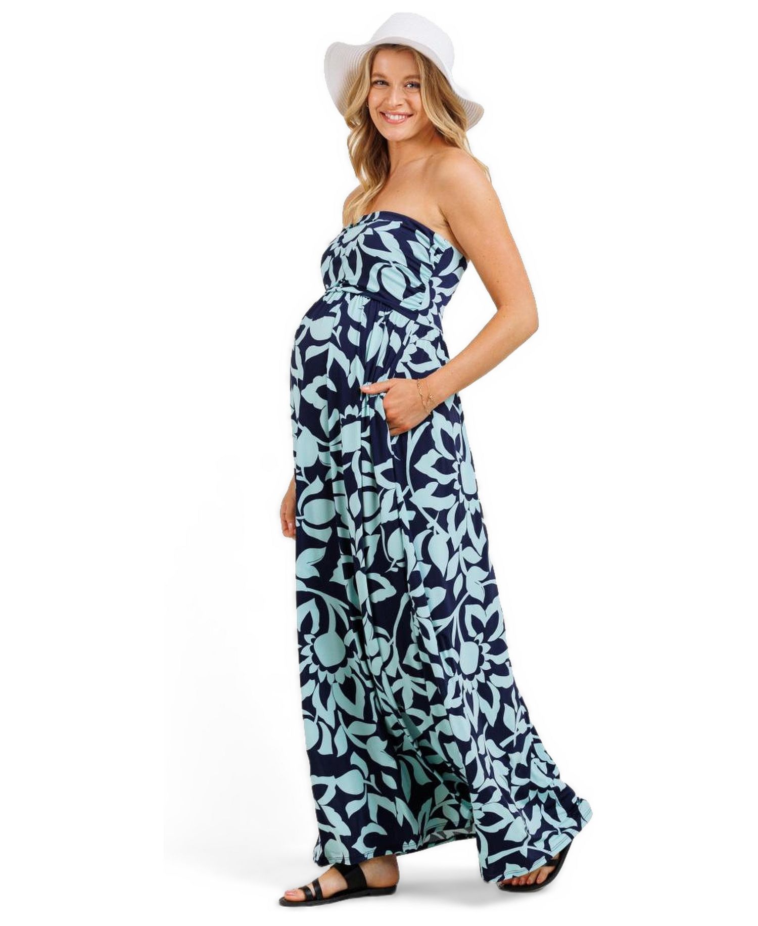 Women's Floral Strapless Empire Waist Maxi Dress with Side Pockets