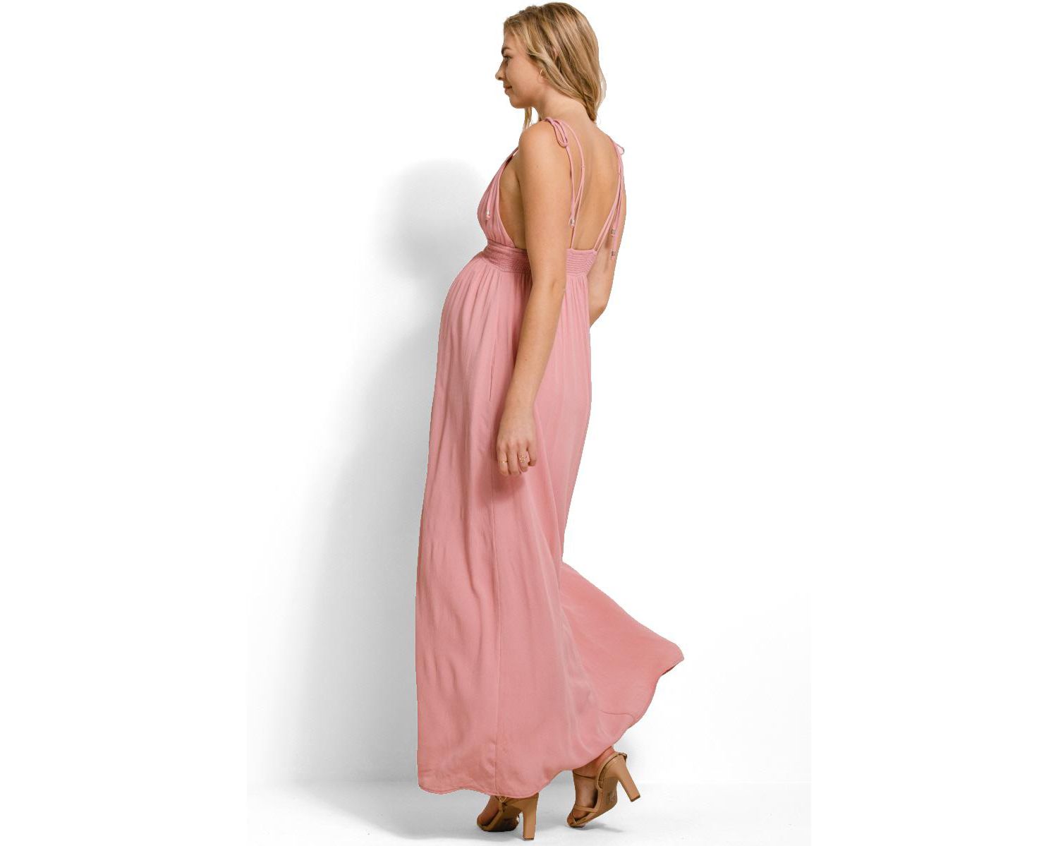 Women's V-Neck Tie Strap Empire Waist Maxi Dress with Pockets