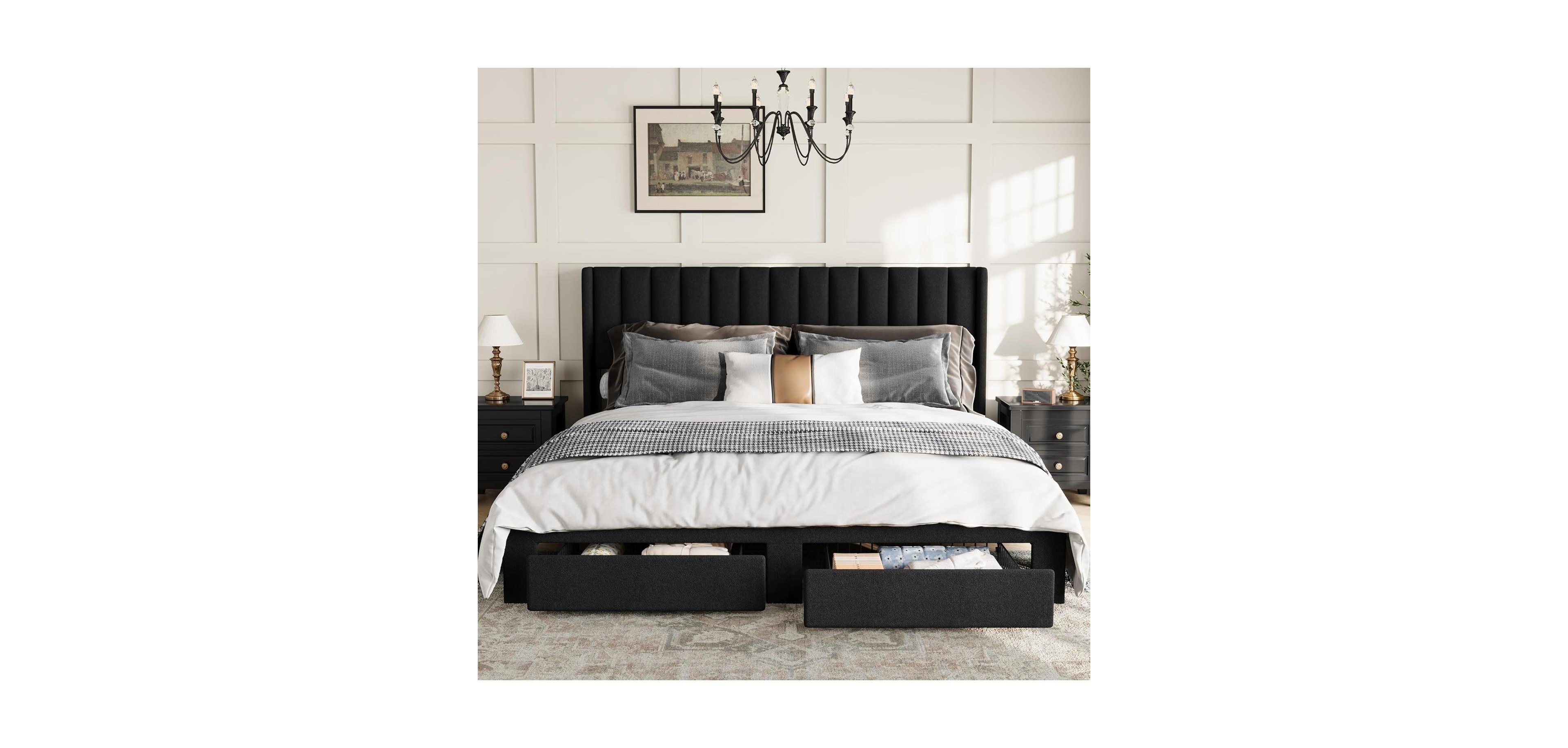 gaomon Full Size Bed Frame, Bed Frame Upholstered Platform Bed with Velvet Headboard, Wing Edge Design, 2 Storage Drawers