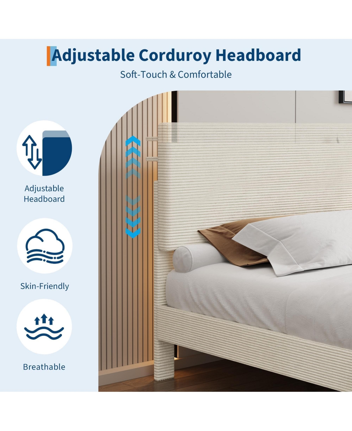homfan Corduroy Upholstered Platform Bed Frame with Usb Charging Station, Adjustable Storage Headboard