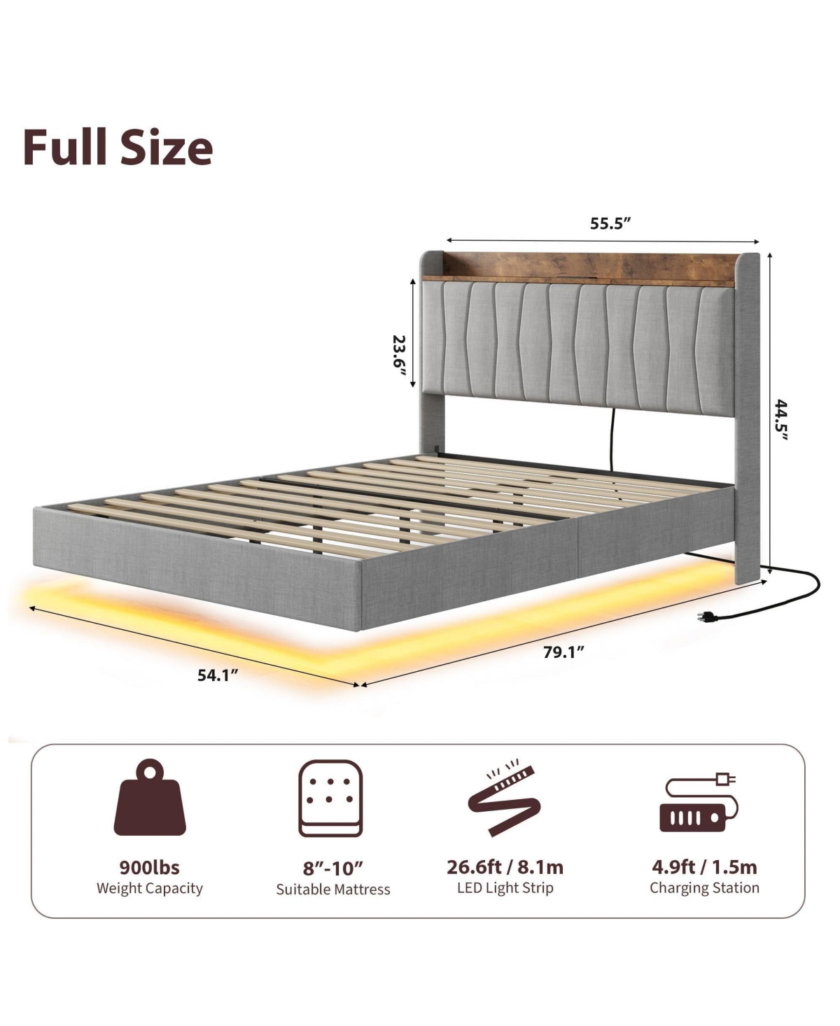 homfan Floating Platform Bed Frame with Led Lights, Charging Station and Storage Headboard, Upholstered Bed