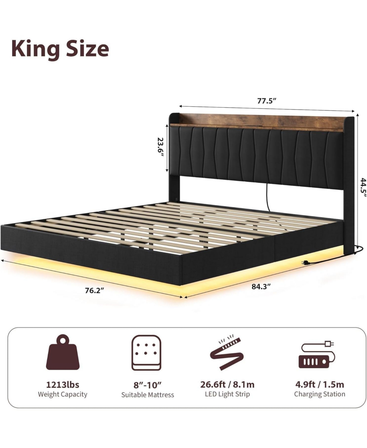 homfan Floating Platform Bed Frame with Led Lights, Charging Station and Storage Headboard, Upholstered Bed