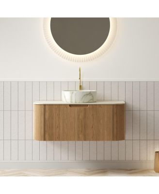  Wall Mounted Bathroom Vanity with Sintered Stone Top, Round Ceramic Sink, Wood Grain Drawer, Pre-assembled