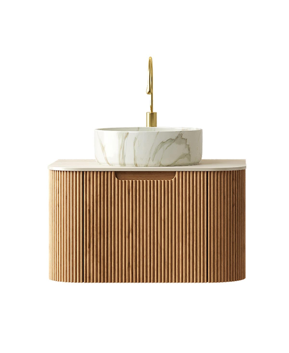 Sillysis Wall Mounted Bathroom Vanity with Sintered Stone Top, Round Ceramic Sink, Wood Grain Drawer