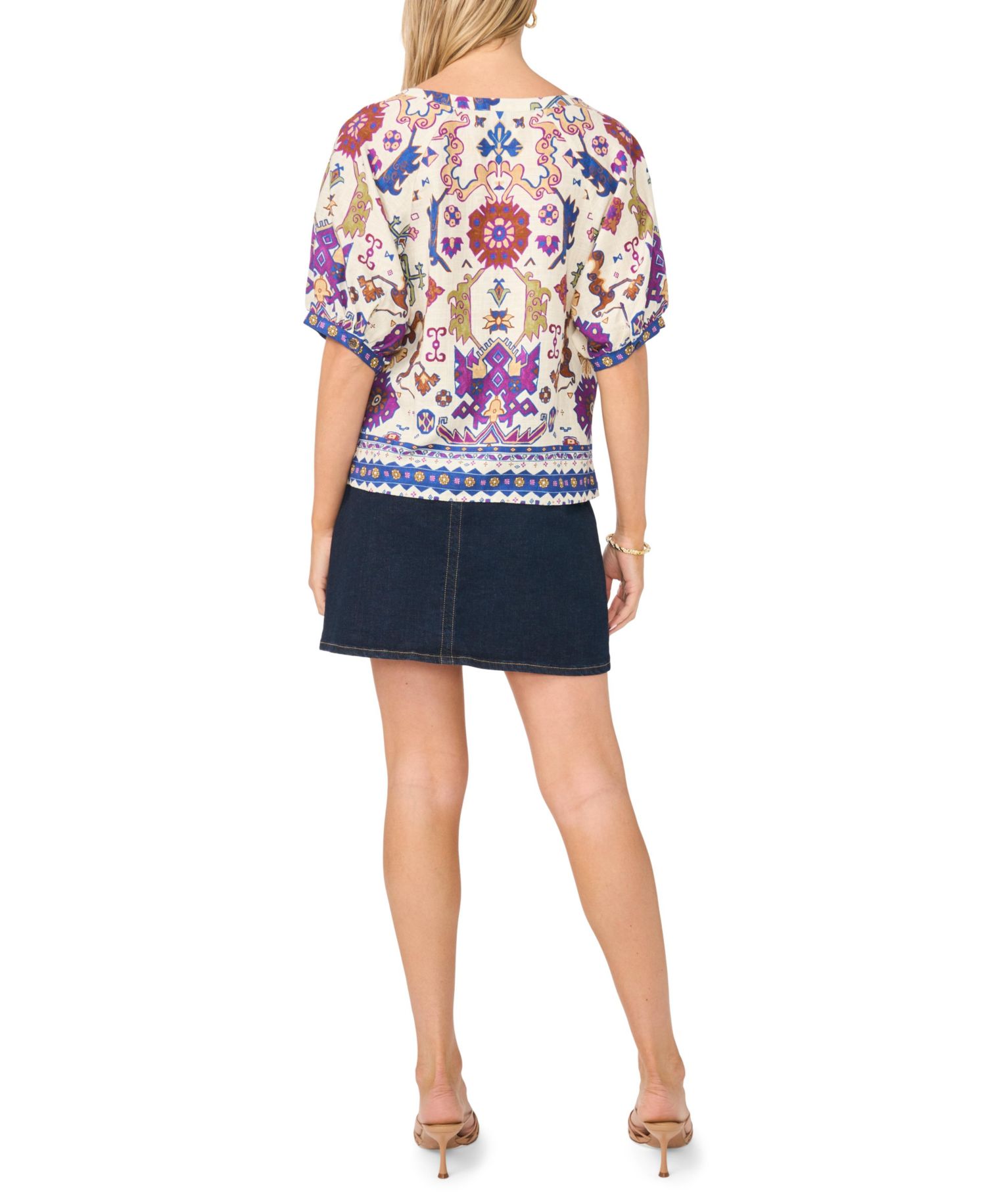 Women's Split Neck Puff-Sleeve Printed Blouse
