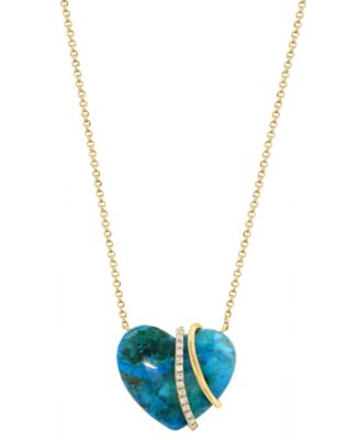 Chrysocolla & Diamond (1/20 ct. t.w.) Heart Pendant Necklace in 14k Yellow Gold
