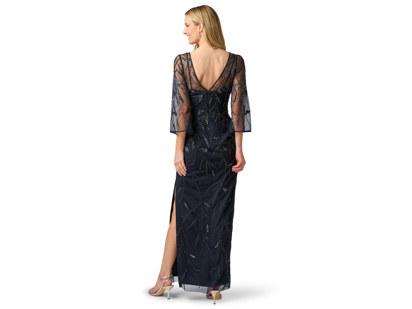 Женское платье Adrianna Papell Bead Mesh Illusion Boat Neck Gown, цвет: Тёмно-синий — фото 5