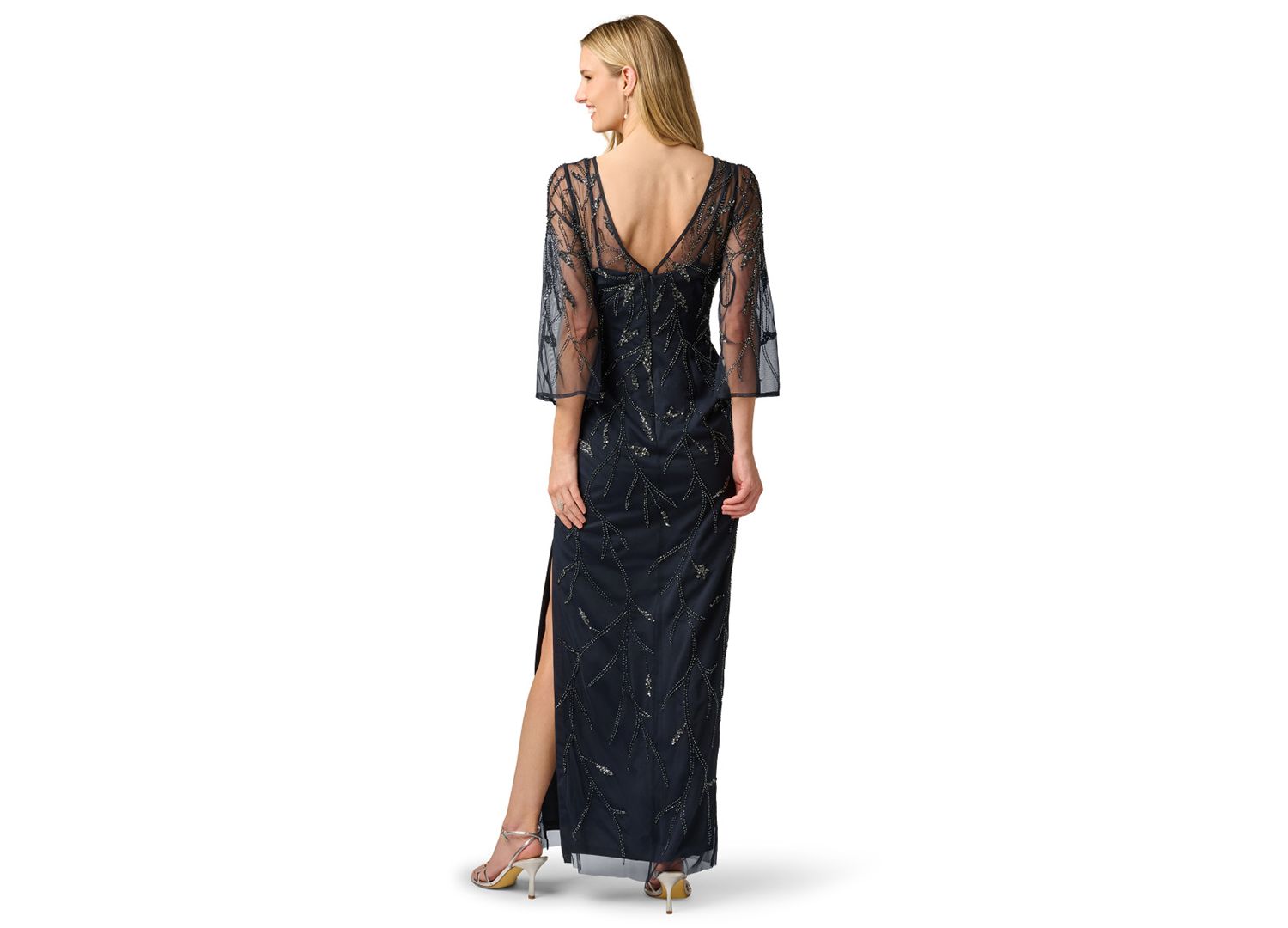 Women's Bead Mesh Illusion Boat Neck Gown