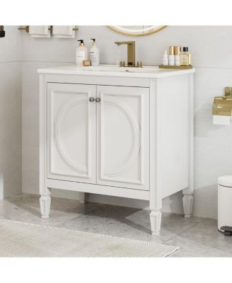  Vintage Vanity With Ceramic Sink, Rubber Wood MDF Cabinet, Soft-Close Hinges 2 Doors Shelf Drawer