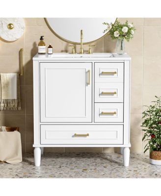   Transitional  Vanity Set With Ceramic Sink, 3 Drawers Soft-Close Door, Long Gold Handles Overflow