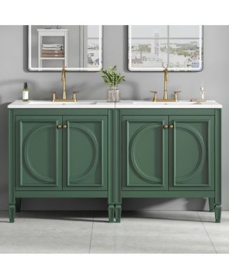   Double Sink Vanity Set With Ceramic Sinks, 2x30" Rubber Wood MDF Cabinets, Soft-Close Doors Shelf Drawer
