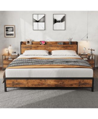 Platform Bed Frame with Charging Station, USB and AC Outlets, Metal Slats, Wood Headboard and Footboard, No Box Spring Needed