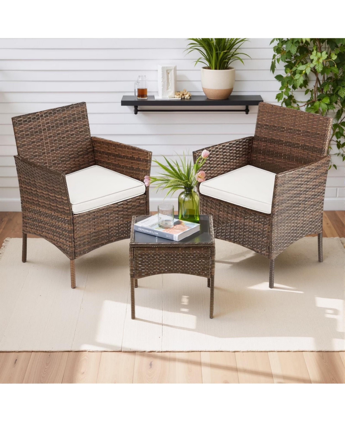 Yiortwo 3 Piece Patio Furniture Set Rattan Outdoor Chair with Cushions