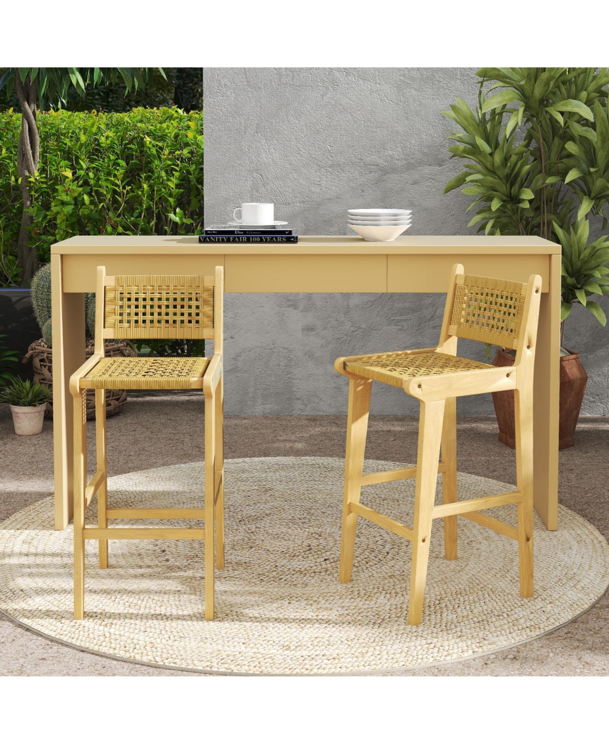 Slickblue Outdoor Teak Wood Bar Stool with Rattan Seat and Backrest