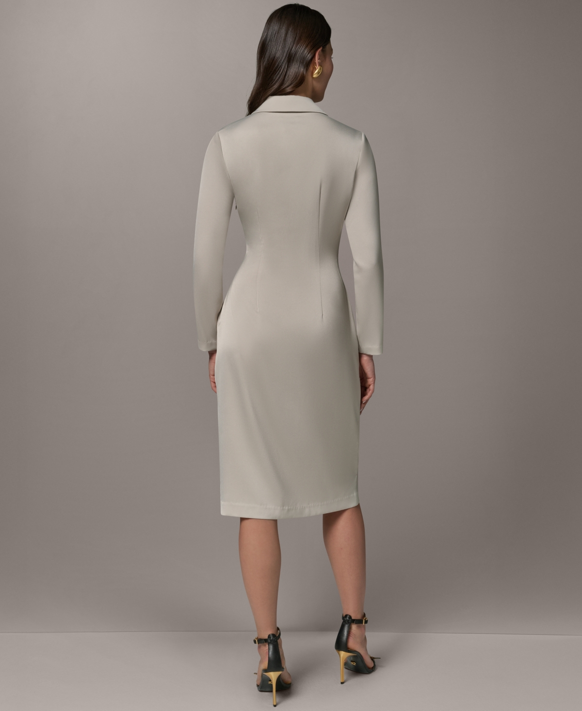 Donna Karan New York Women's Long-Sleeve Satin Collared V-Neck Midi Wrap Dress