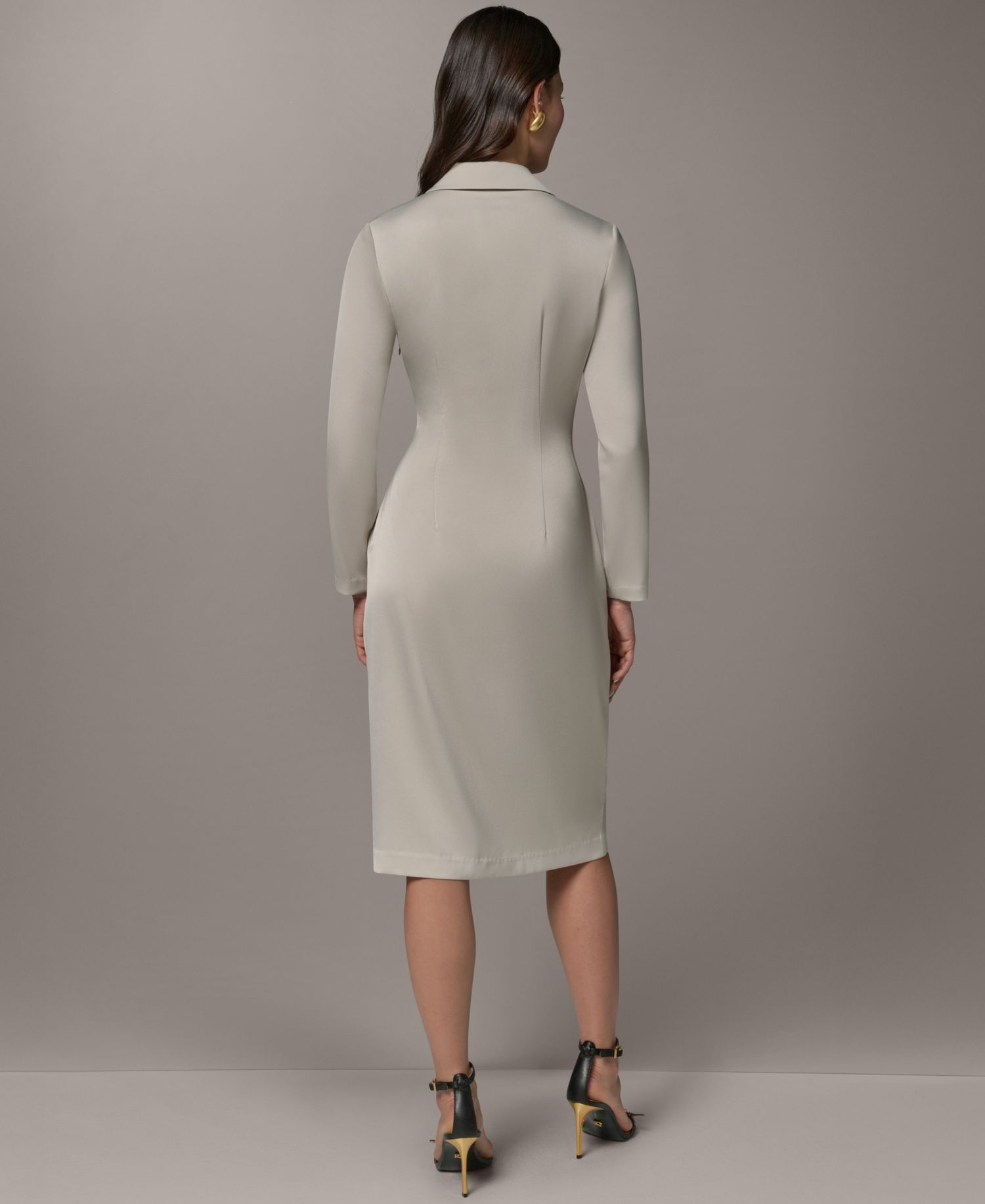 Women's Long-Sleeve Satin Collared V-Neck Midi Wrap Dress