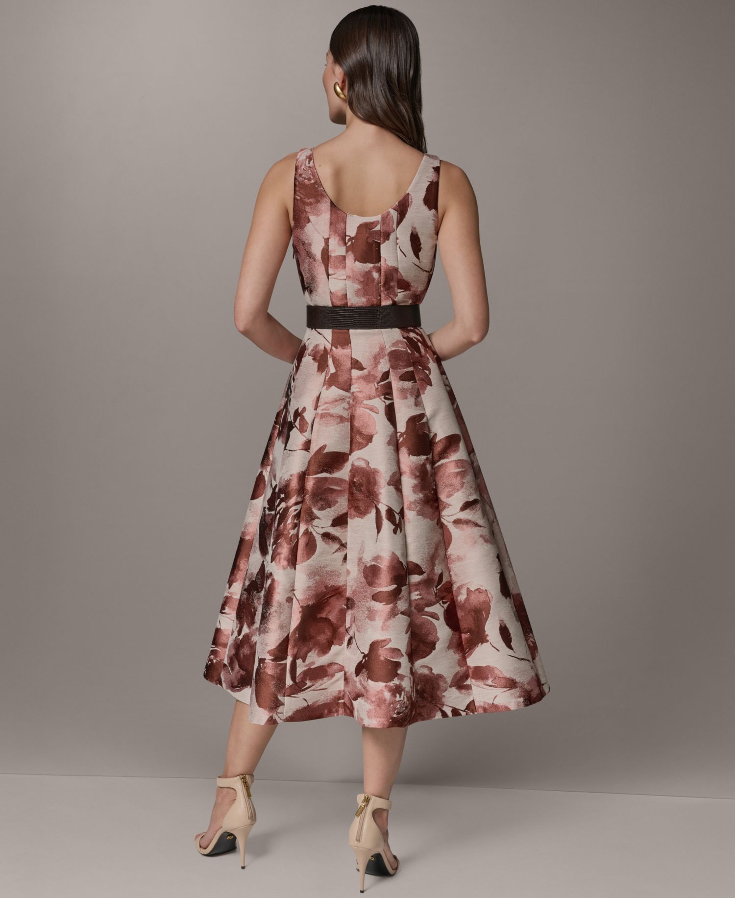 Women's Sleeveless Floral Jacquard Scoop Neck Midi A-Line Dress