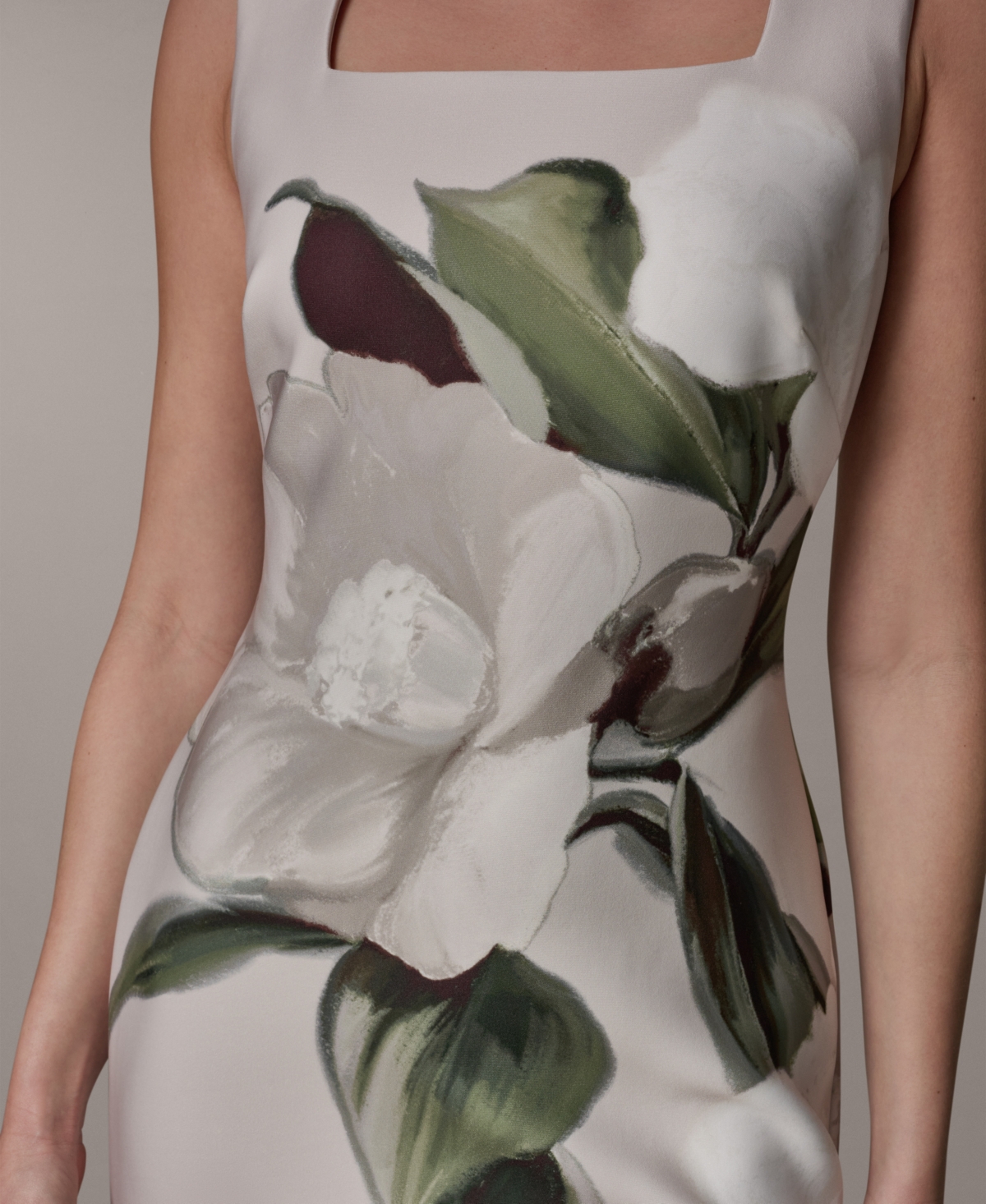 Donna Karan New York Women's Sleeveless Square Neck Placement Floral Print Midi Sheath Dress