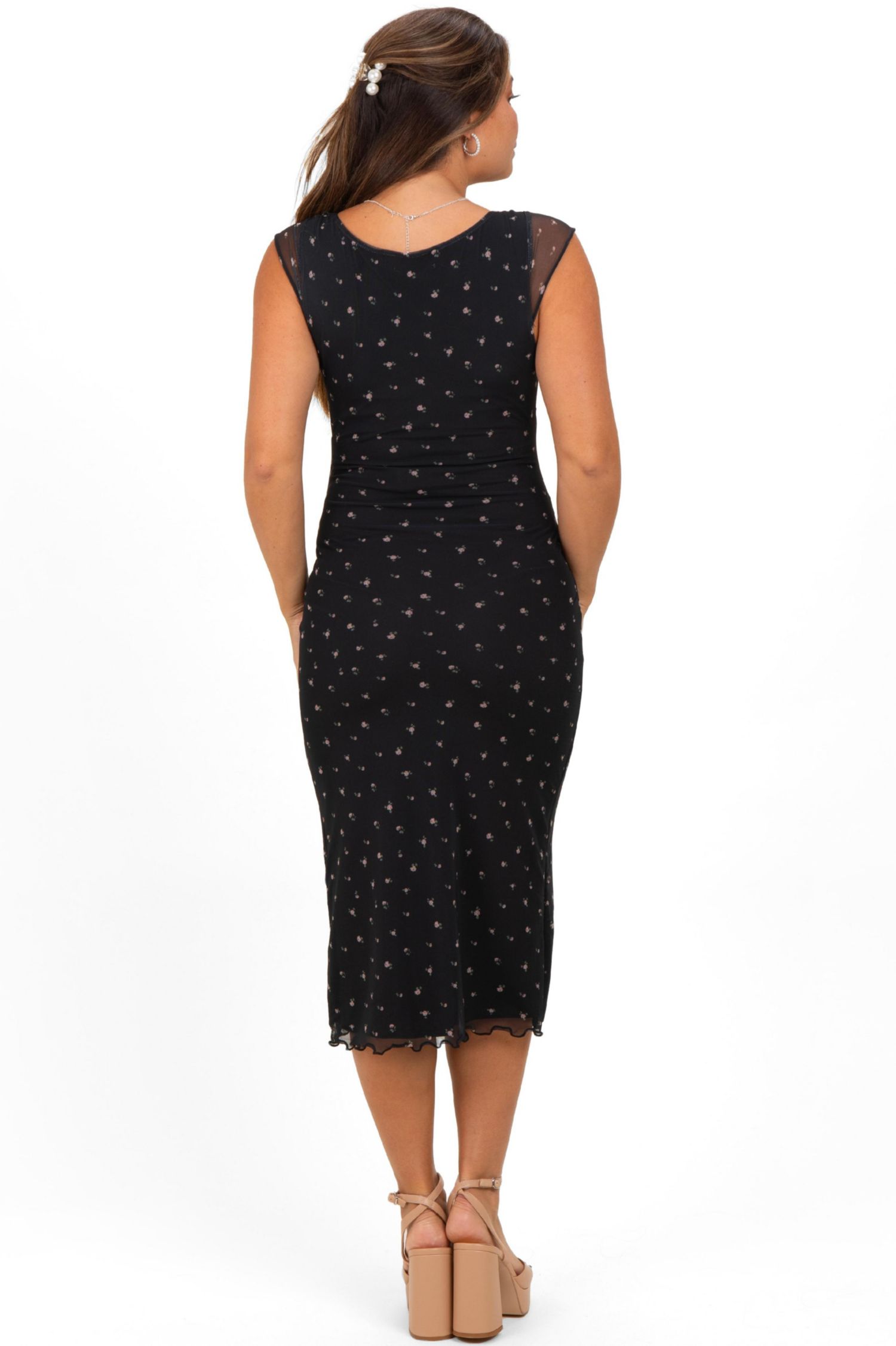 Women's Black Floral Mesh Front Tie Cutout Midi Dress