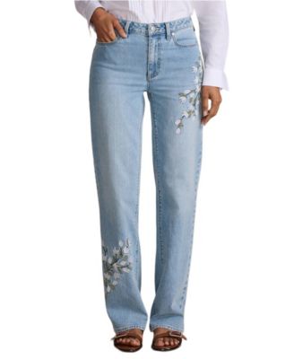 Petite Soft Denim Mid Rise Relaxed Straight Leg Embroidered Jeans