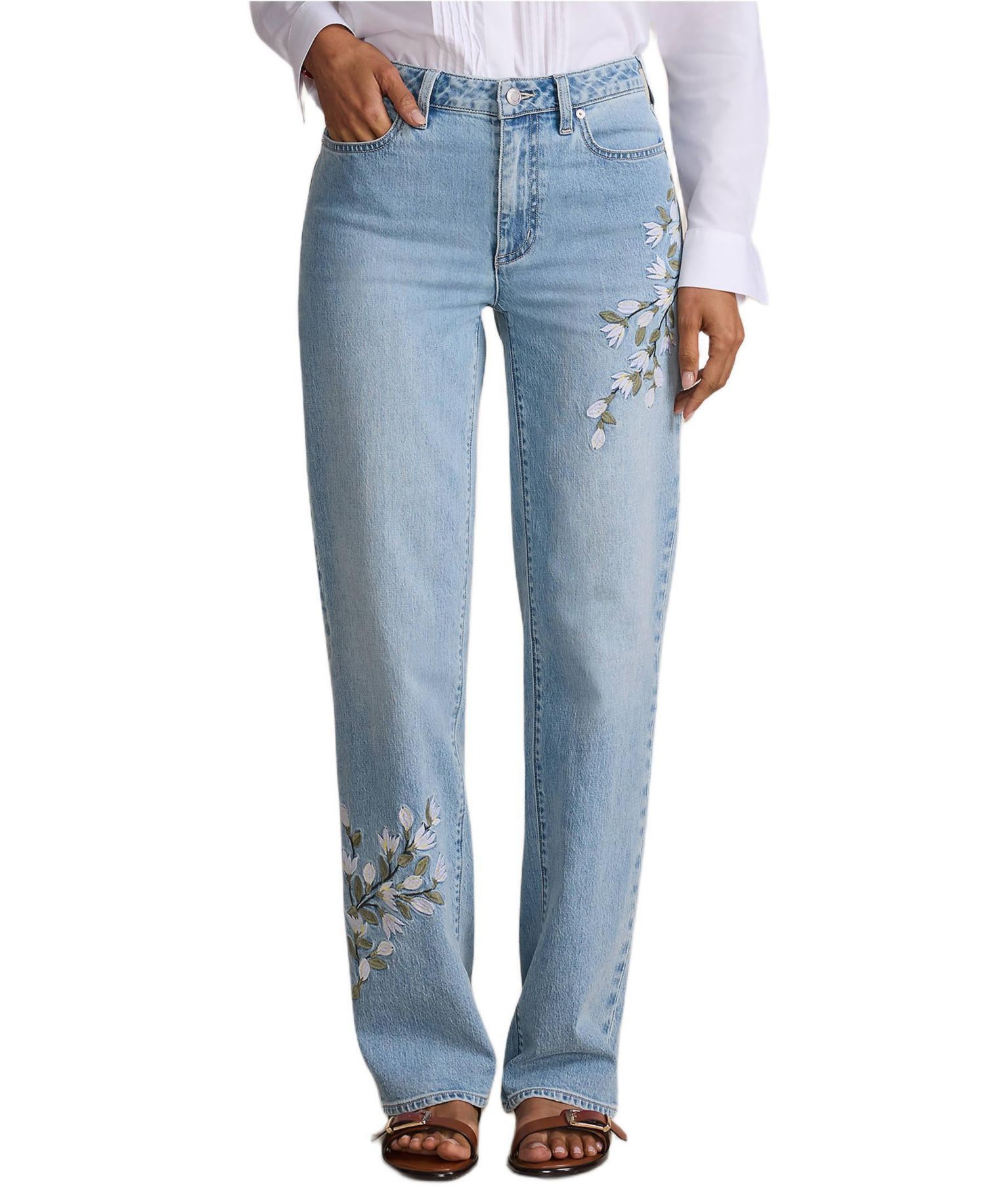 Petite Soft Denim Mid Rise Relaxed Straight Leg Embroidered Jeans