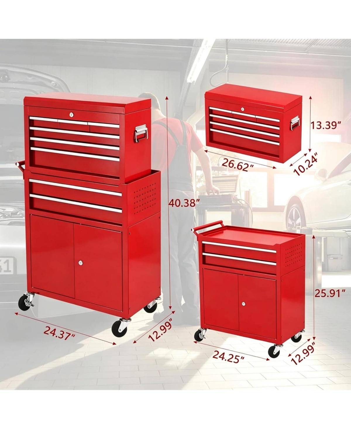 gaomon 2-in-1 8-Drawer Rolling Tool Chest and Cabinet, Mobile Metal Toolbox Organizer Storage for Garage