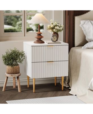 Set of 2 Modern Fluted Nightstands, Built-in USB Charging Station and Power Outlets, 2 Drawers, Gold and Wood Accents for Bedroom, Living Room
