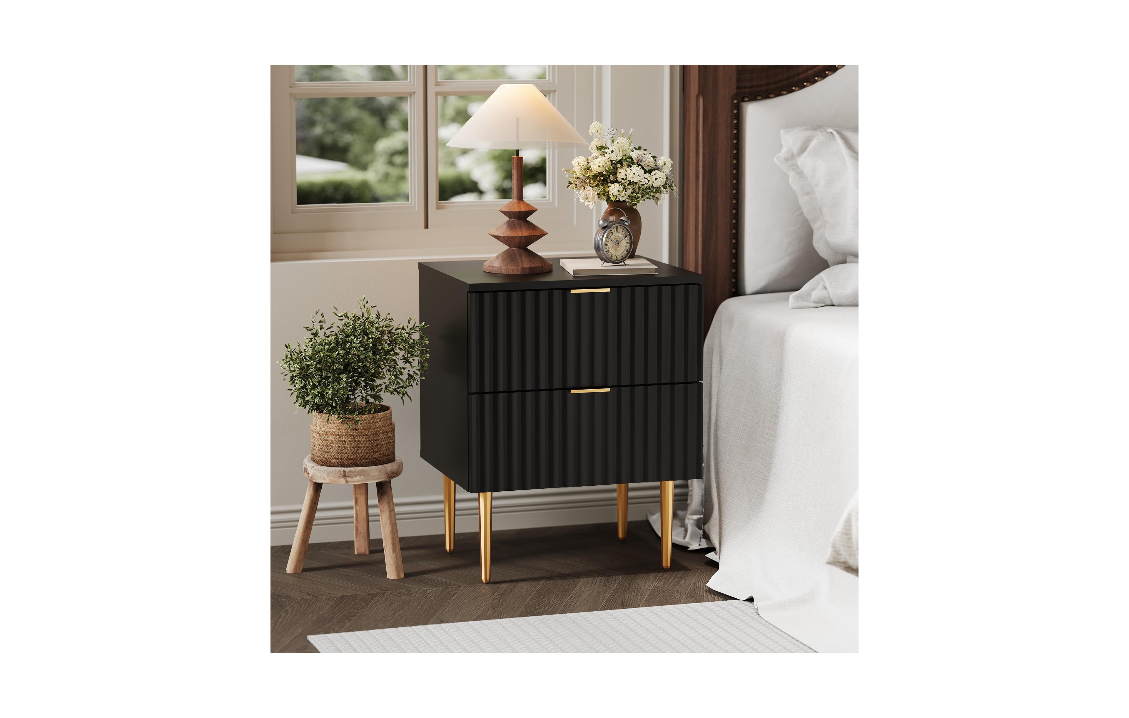 homfan 1PCS/2PCS Modern Fluted Nightstands,2 Drawers, Gold and Wood Accents for Bedroom, Living Room
