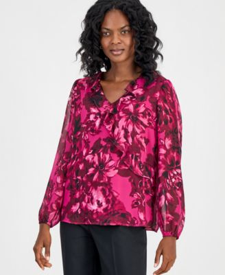 Women's Faux-Wrap Ruffle-Front Long-Sleeve Blouse 