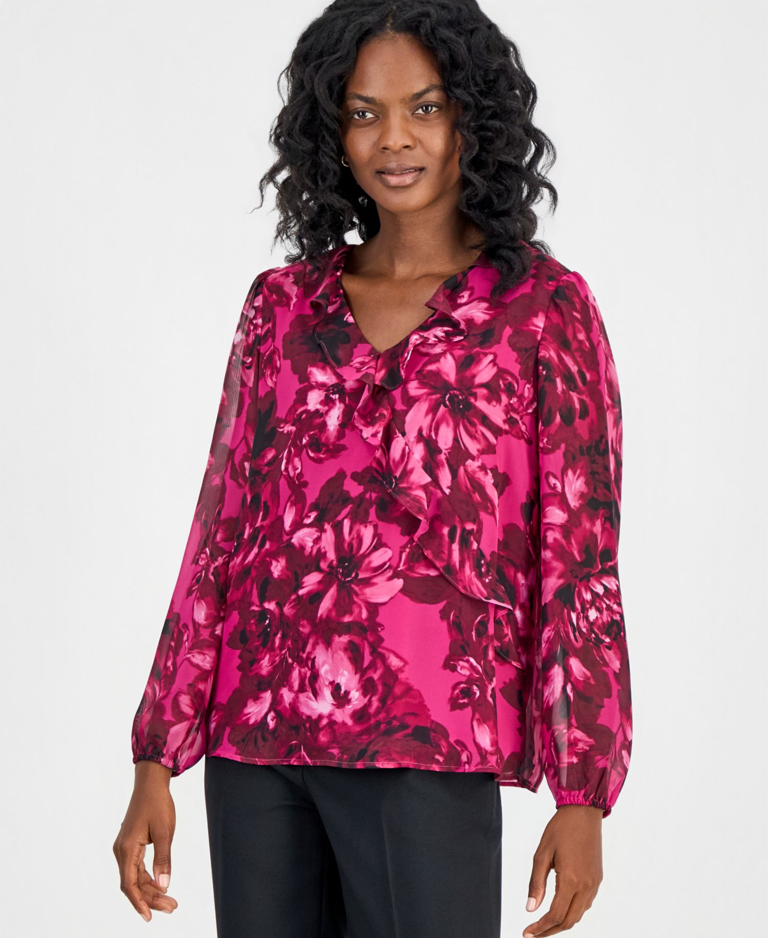 Women's Asymmetric Ruffle-Front Long-Sleeve Blouse