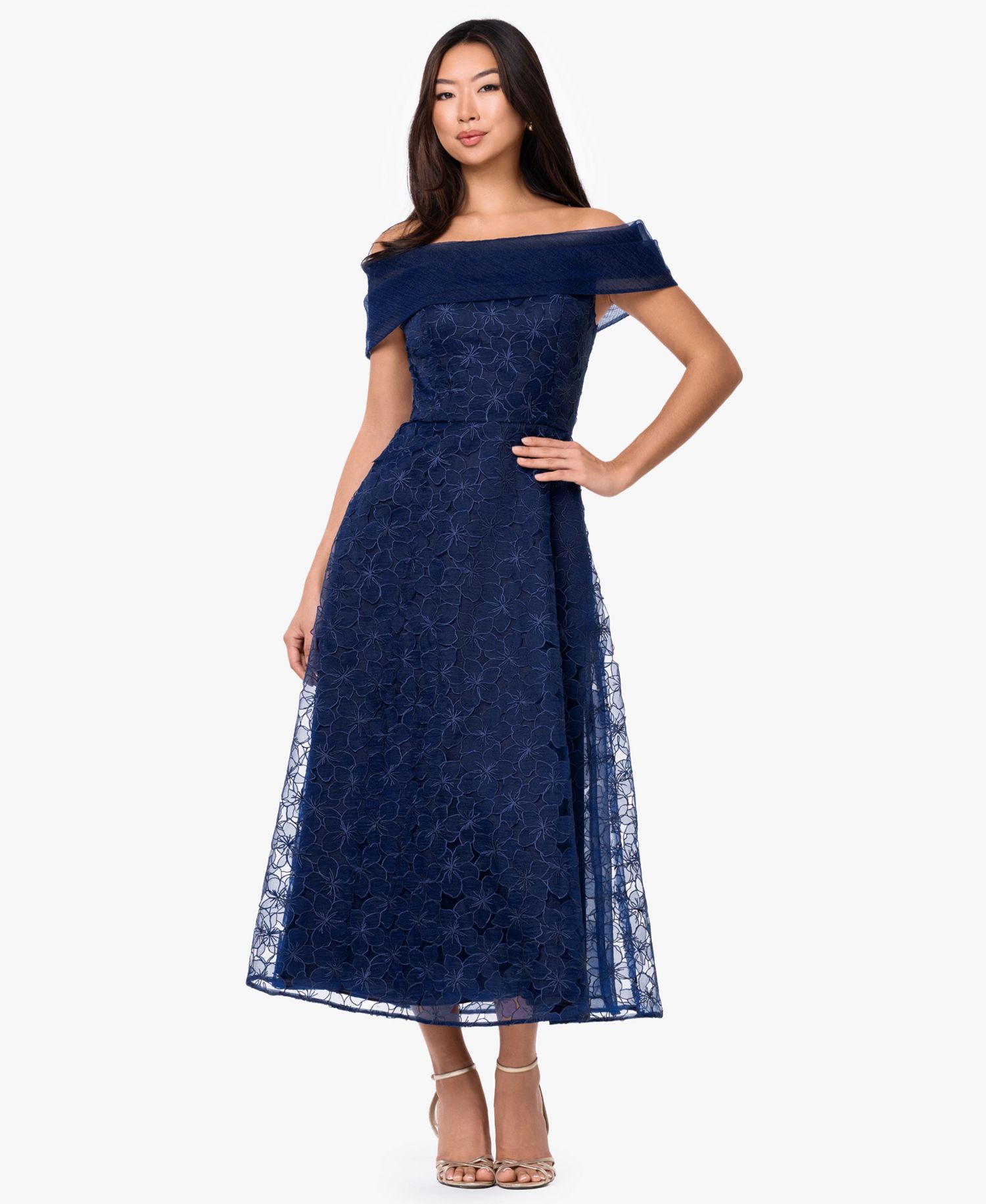 Women's Off-The-Shoulder Embroidered A-Line Midi Dress