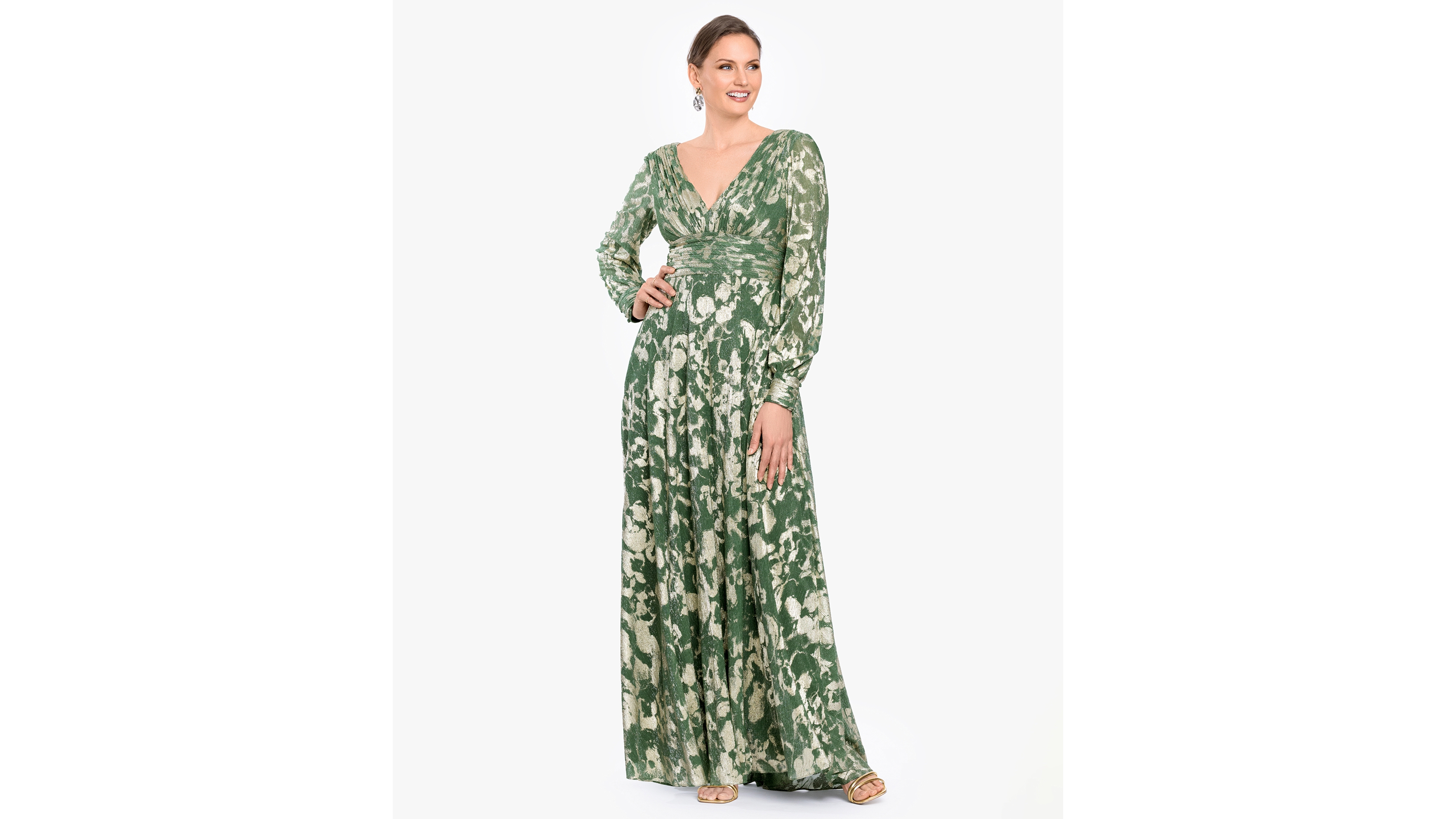 Betsy & Adam Women's Long-Sleeve V-Neck Metallic Floral Gown