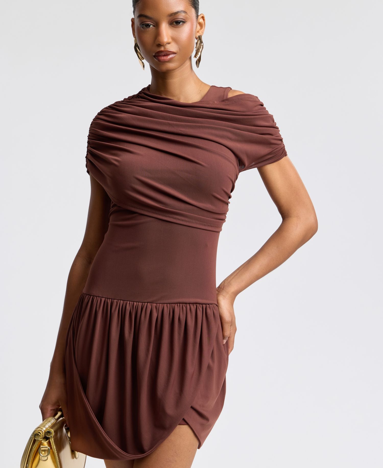 Women's Draped Mesh One Shoulder Mini Dress